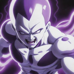 A detailed depiction of Frieza, a character from Dragon Ball Z, expressing intense anger with his iconic purple and white body glowing.