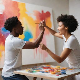 A young black male artist and a female companion energetically flicking and dripping vibrant paints across the canvas in an artist's studio