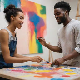 A young black male artist and a female companion energetically flicking and dripping vibrant paints across the canvas in an artist's studio