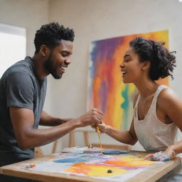 A young black male artist and a female companion energetically flicking and dripping vibrant paints across the canvas in an artist's studio