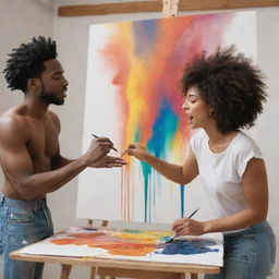 A young black male artist and a female companion energetically flicking and dripping vibrant paints across the canvas in an artist's studio