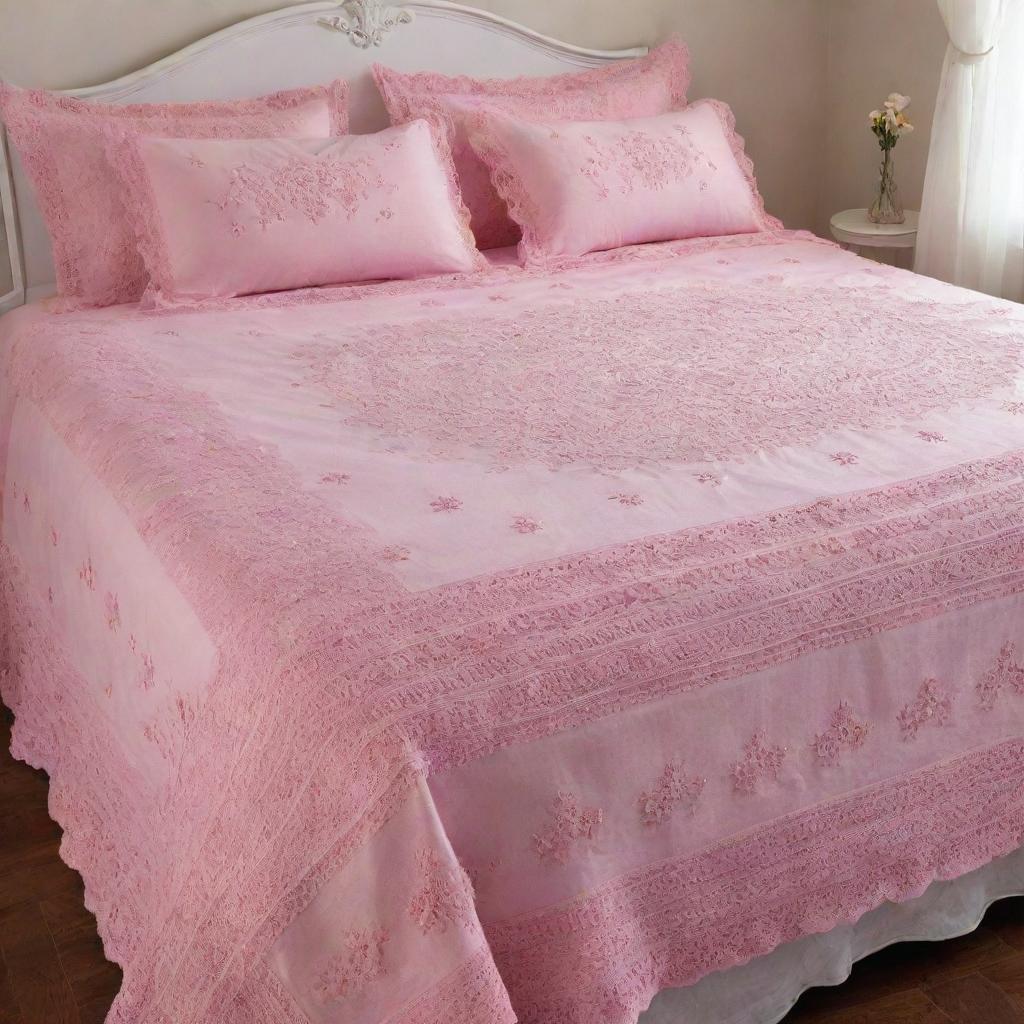 Exquisite pink-colored bed sheets with wool crochet and knitted floral patterns, delicately draped over a plush queen-sized bed, demonstrating a blend of delicate femininity and intricate handiwork.