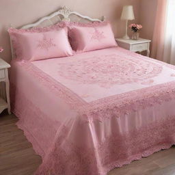 Exquisite pink-colored bed sheets with wool crochet and knitted floral patterns, delicately draped over a plush queen-sized bed, demonstrating a blend of delicate femininity and intricate handiwork.