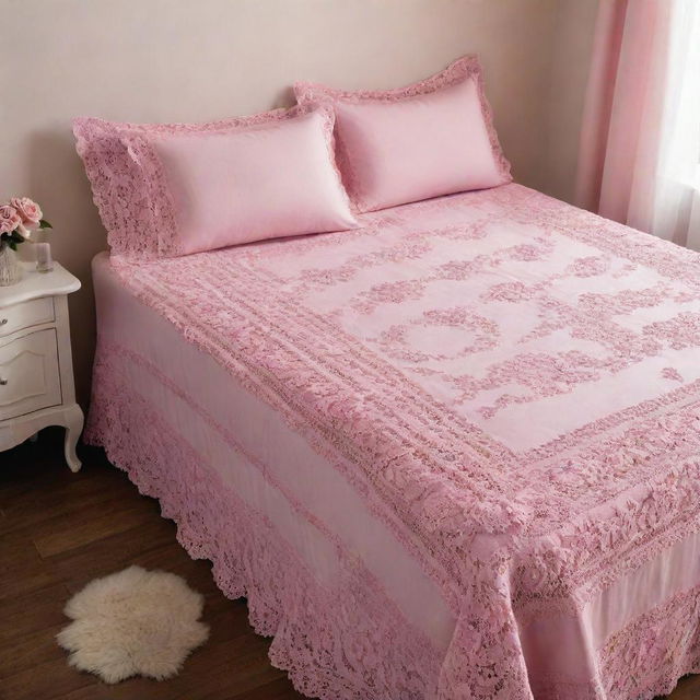 Exquisite pink-colored bed sheets with wool crochet and knitted floral patterns, delicately draped over a plush queen-sized bed, demonstrating a blend of delicate femininity and intricate handiwork.