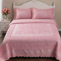 Exquisite pink-colored bed sheets with wool crochet and knitted floral patterns, delicately draped over a plush queen-sized bed, demonstrating a blend of delicate femininity and intricate handiwork.