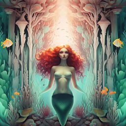 Create an image with symmetrical framing and pastel colors. The illustration shows a beautiful mermaid in an enchanting underwater scene.