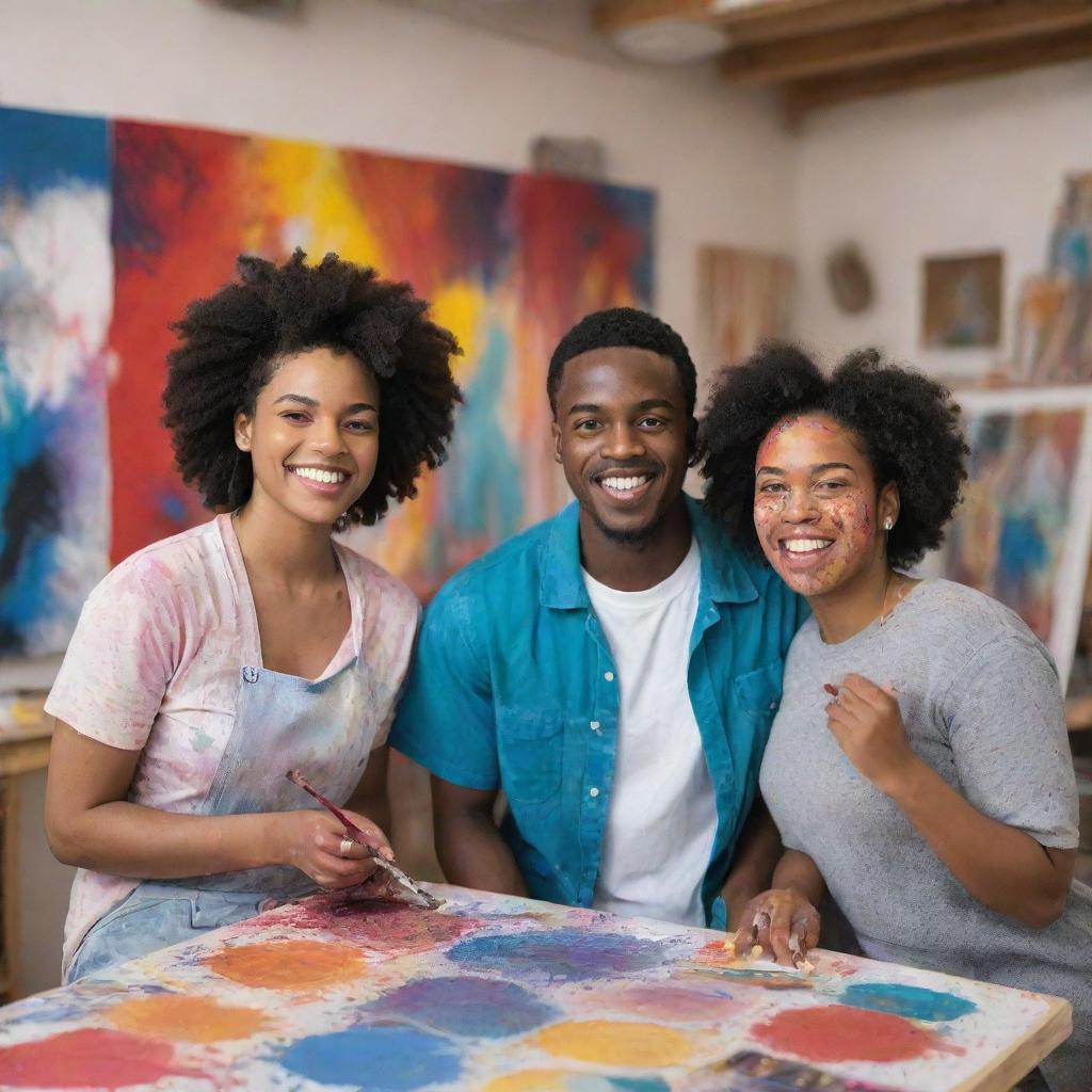 A young black man, an artist, along with a woman in a lively art studio, both covered in splatters of vibrant paint from an intensive painting session