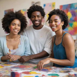 A young black man, an artist, along with a woman in a lively art studio, both covered in splatters of vibrant paint from an intensive painting session