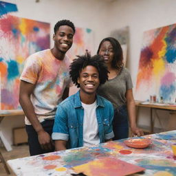 A young black man, an artist, along with a woman in a lively art studio, both covered in splatters of vibrant paint from an intensive painting session