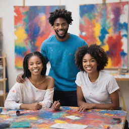 A young black man, an artist, along with a woman in a lively art studio, both covered in splatters of vibrant paint from an intensive painting session