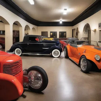 The luxurious mansion had a spacious underground garage with a collection of vintage hot-rods showcased as architectural elements.