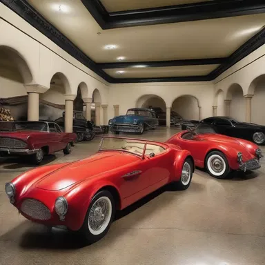 The luxurious mansion had a spacious underground garage with a collection of vintage hot-rods showcased as architectural elements.