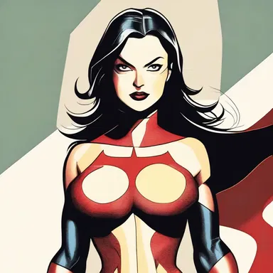 The female superhero is depicted as stacked, with an hourglass figure and striking presence.