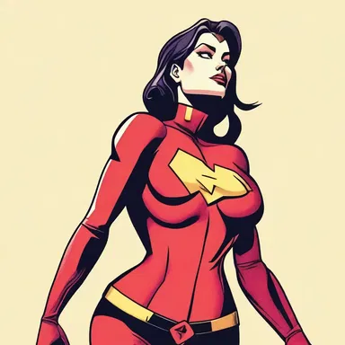 The female superhero is depicted as stacked, with an hourglass figure and striking presence.