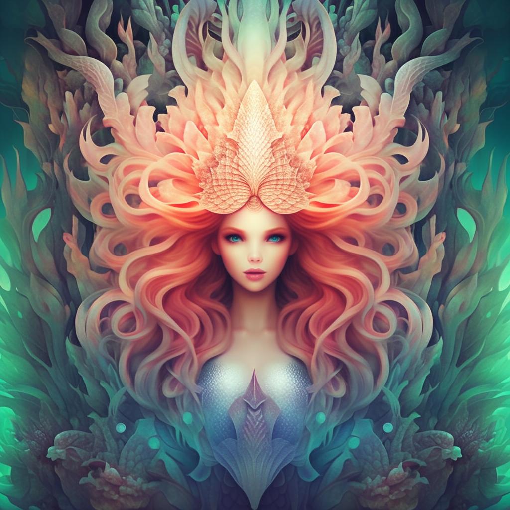 Create an image with symmetrical framing and pastel colors. The illustration shows a beautiful mermaid in an enchanting underwater scene.