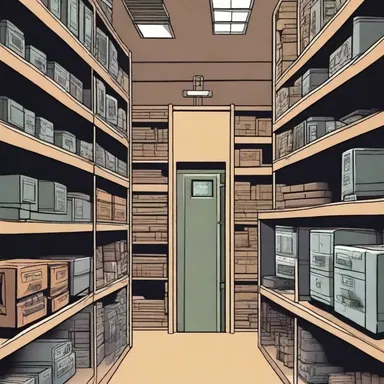 In the science fiction novel, the protagonist discovered a secret underground bunker where various technological gadgets were stacked on shelves.