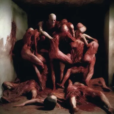 The horror movie depicted a scene where the victims' bodies were gruesomely stacked upon each other, adding to the sense of terror and dread.