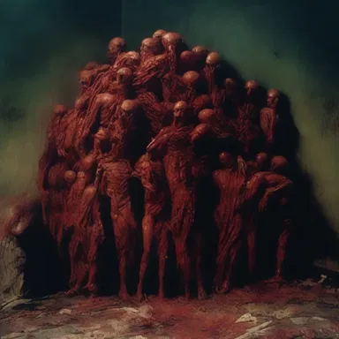 The horror movie depicted a scene where the victims' bodies were gruesomely stacked upon each other, adding to the sense of terror and dread.