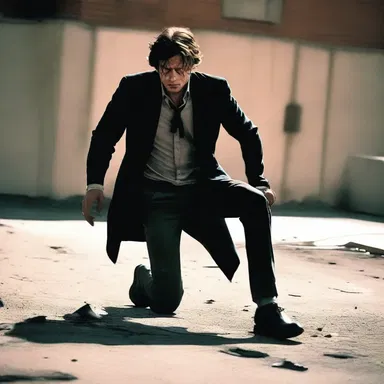 The protagonist, after getting shot, hobbled across the screen in a dramatic fashion.