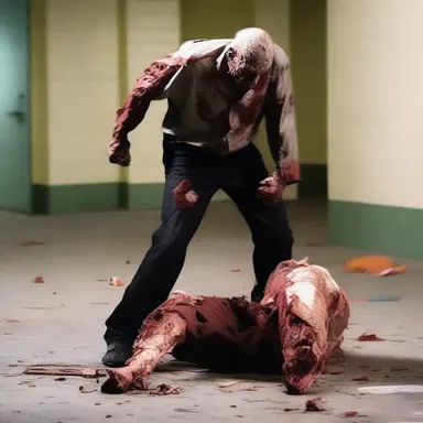 The zombie hobbled towards the victim, its injured leg causing it to move slowly.