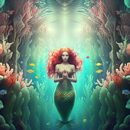 Create an image with symmetrical framing and pastel colors. The illustration shows a beautiful mermaid in an enchanting underwater scene.