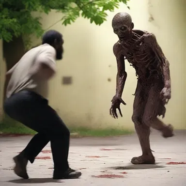 The zombie hobbled towards the victim, its injured leg causing it to move slowly.