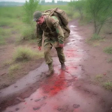 After being injured in battle, the soldier hobbled back to his camp, leaving bloody footprints along the way.