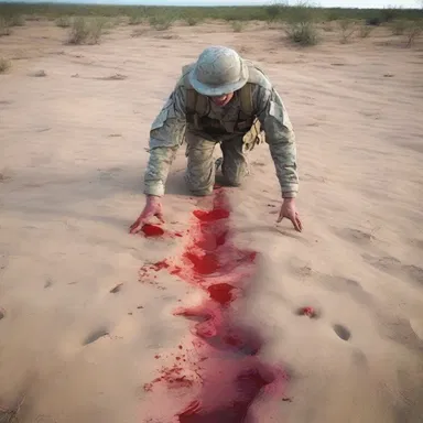 After being injured in battle, the soldier hobbled back to his camp, leaving bloody footprints along the way.
