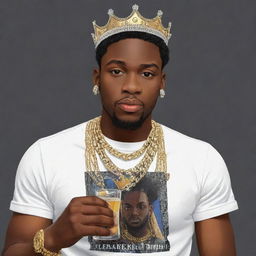 A cartoon image of a young, black king adorned with a crown and bling bling necklace, clutching an expensive drink in his hand. He wears a shirt featuring the typography '@amrpl'.