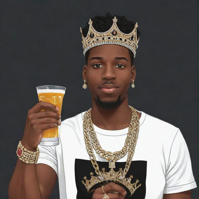 A cartoon image of a young, black king adorned with a crown and bling bling necklace, clutching an expensive drink in his hand. He wears a shirt featuring the typography '@amrpl'.