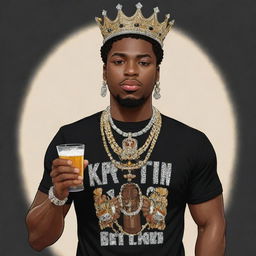 A cartoon image of a young, black king adorned with a crown and bling bling necklace, clutching an expensive drink in his hand. He wears a shirt featuring the typography '@amrpl'.