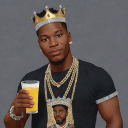 A cartoon image of a young, black king adorned with a crown and bling bling necklace, clutching an expensive drink in his hand. He wears a shirt featuring the typography '@amrpl'.