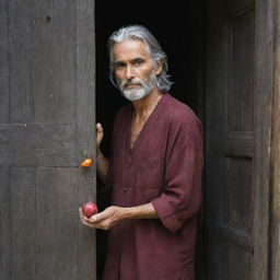 An aged Jared with gray hair stands holding a seed. He opens an old, weathered wooden door and is flooded by falling AWARA fruit, their vivid color contrasting against the scene.