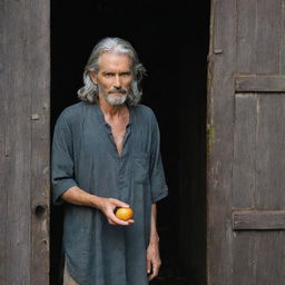 An aged Jared with gray hair stands holding a seed. He opens an old, weathered wooden door and is flooded by falling AWARA fruit, their vivid color contrasting against the scene.