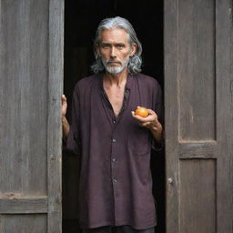 An aged Jared with gray hair stands holding a seed. He opens an old, weathered wooden door and is flooded by falling AWARA fruit, their vivid color contrasting against the scene.