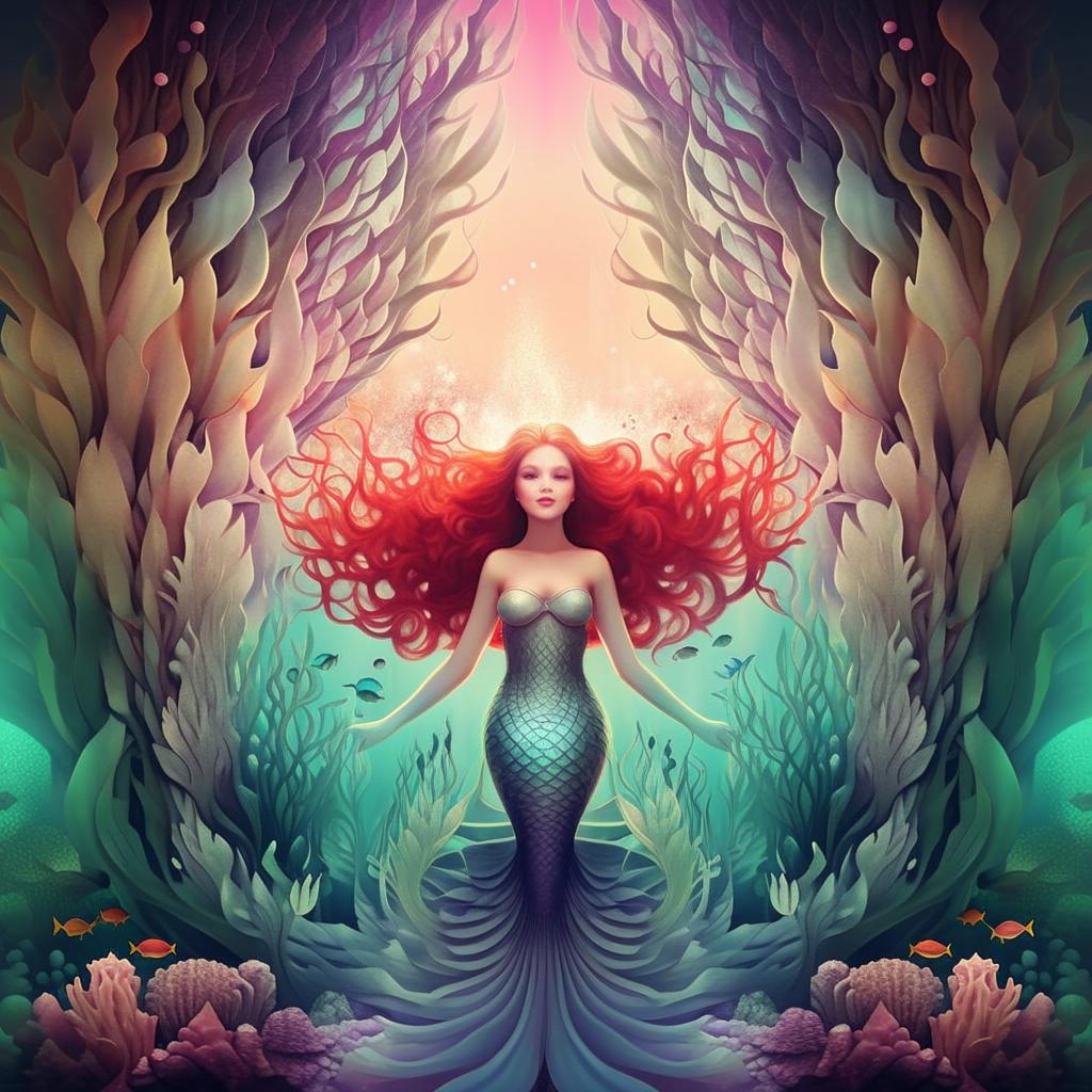 Create an image with symmetrical framing and pastel colors. The illustration shows a beautiful mermaid in an enchanting underwater scene.