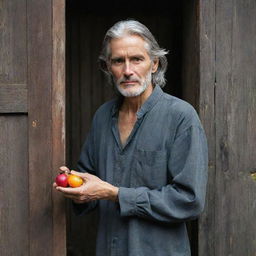 An aged Jared with gray hair stands holding a seed. He opens an old, weathered wooden door and is flooded by falling AWARA fruit, their vivid color contrasting against the scene.