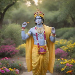 Krishna with a mukut (crown) on his head and a murli (flute) in his hand, wearing a yellow dhoti and patka, standing in an enchanting garden full of vibrant, colorful flowers