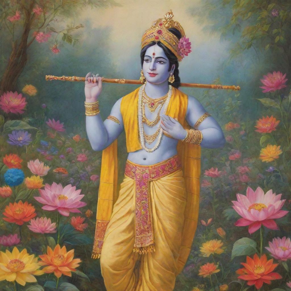 Krishna with a mukut (crown) on his head and a murli (flute) in his hand, wearing a yellow dhoti and patka, standing in an enchanting garden full of vibrant, colorful flowers