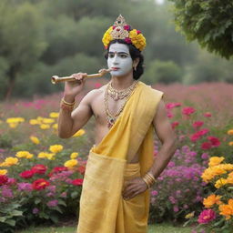 Krishna with a mukut (crown) on his head and a murli (flute) in his hand, wearing a yellow dhoti and patka, standing in an enchanting garden full of vibrant, colorful flowers