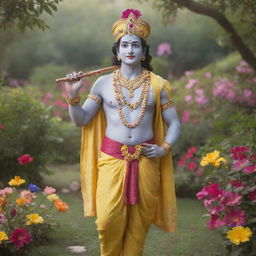 Krishna with a mukut (crown) on his head and a murli (flute) in his hand, wearing a yellow dhoti and patka, standing in an enchanting garden full of vibrant, colorful flowers