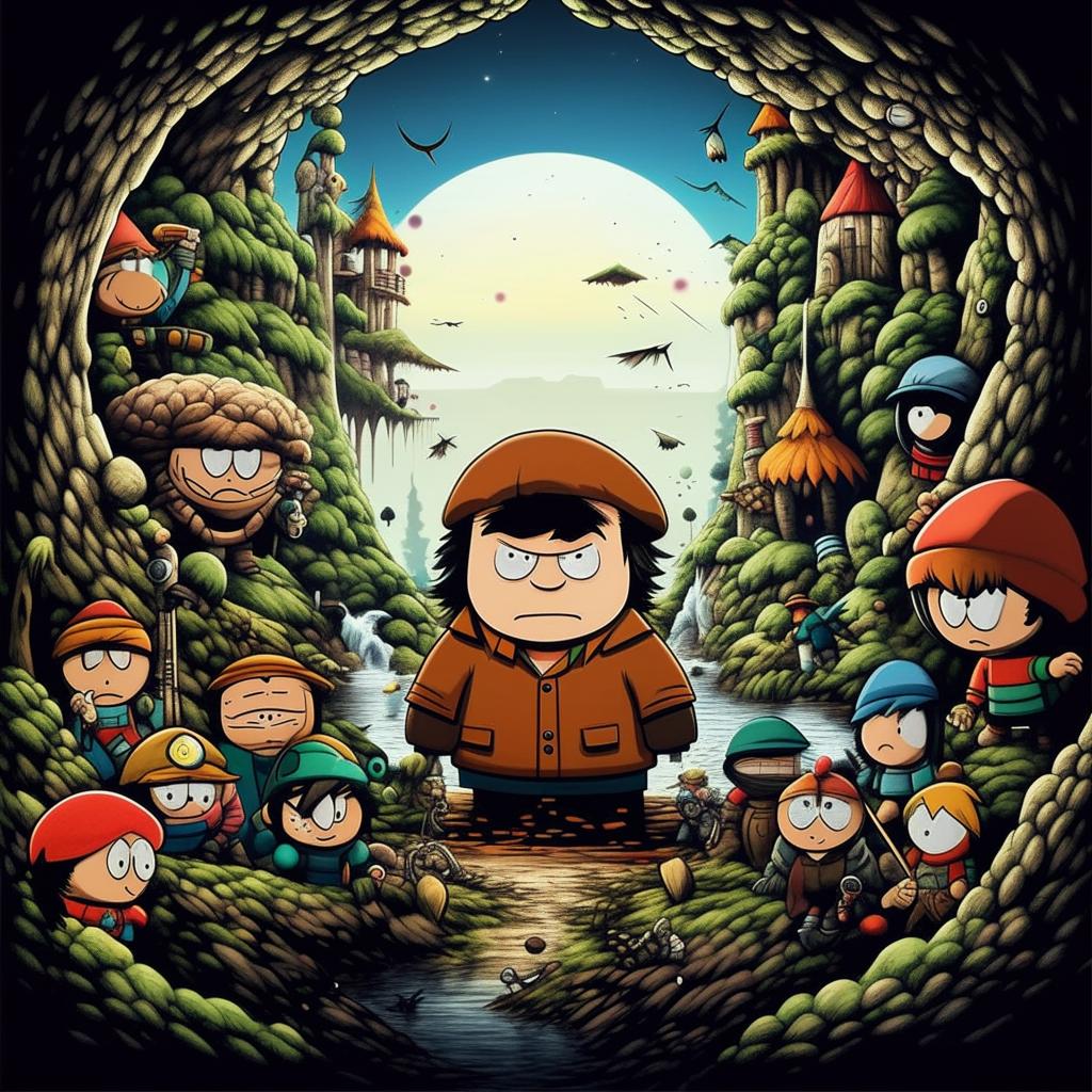 In the style of fantasy manga, reimagine South Park’s Cartman being sucked into a Nintendo game's fantastical world, surrounded by familiar but distinctly stylized characters.