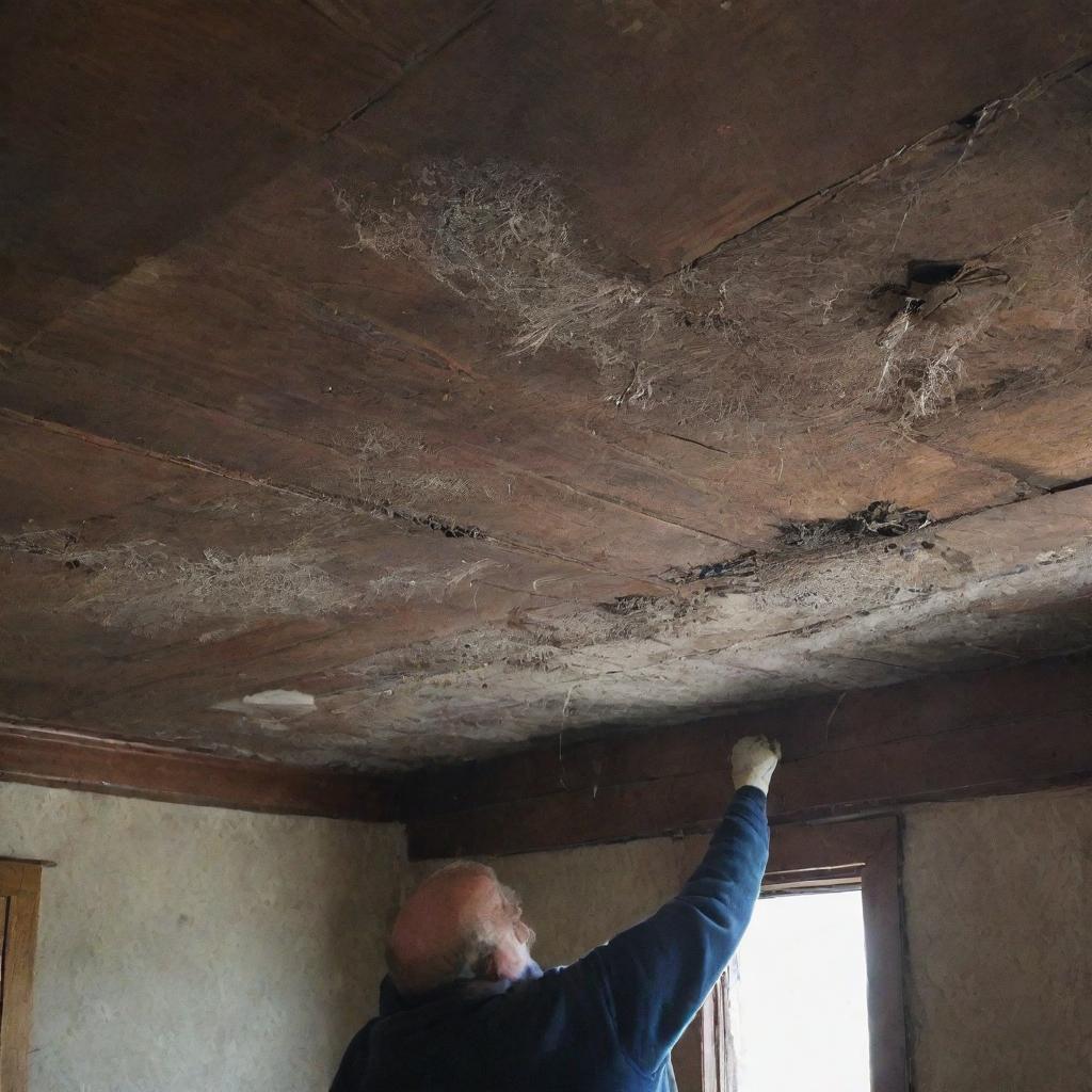 A detailed aged picture being gently cleaned, surrounded by cobwebs and debris in the rotted wooden ceiling of an old, neglected house