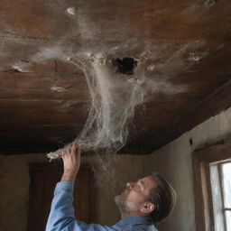 A detailed aged picture being gently cleaned, surrounded by cobwebs and debris in the rotted wooden ceiling of an old, neglected house