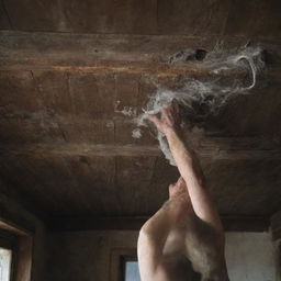 A detailed aged picture being gently cleaned, surrounded by cobwebs and debris in the rotted wooden ceiling of an old, neglected house