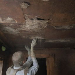 A detailed aged picture being gently cleaned, surrounded by cobwebs and debris in the rotted wooden ceiling of an old, neglected house