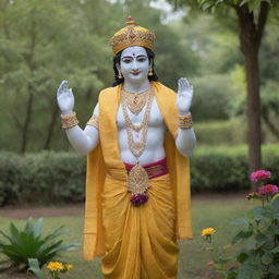 Krishna adorned with a mukut, holding a murli, in a vibrant, beautiful garden, dressed in a yellow dhoti and patka.