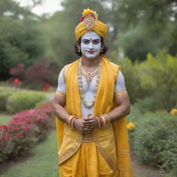 Krishna adorned with a mukut, holding a murli, in a vibrant, beautiful garden, dressed in a yellow dhoti and patka.