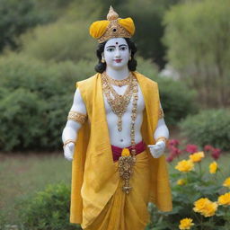 Krishna adorned with a mukut, holding a murli, in a vibrant, beautiful garden, dressed in a yellow dhoti and patka.