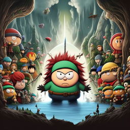 In the style of fantasy manga, reimagine South Park’s Cartman being sucked into a Nintendo game's fantastical world, surrounded by familiar but distinctly stylized characters.